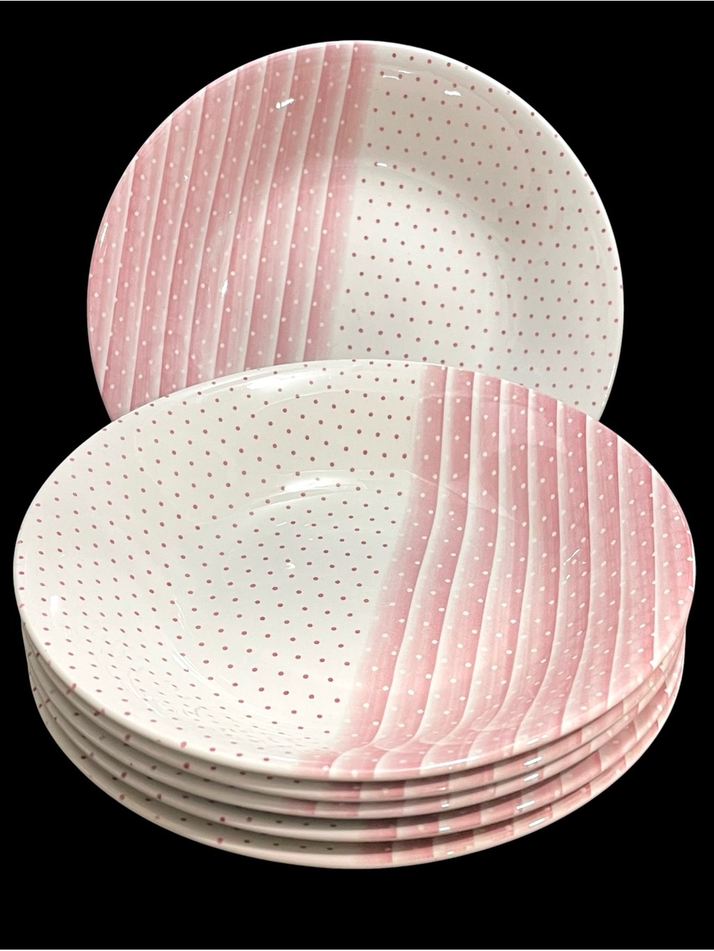 Vintage 1960s Pink Shades Churchill Coupe Soup Bowl 6x Pink & White Stripes Dots